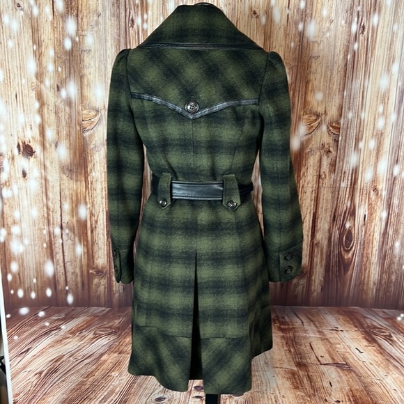 Steve Madden Green Plaid Dbl Breasted Belted Military Style Long Coat Small - Picture 4 of 7